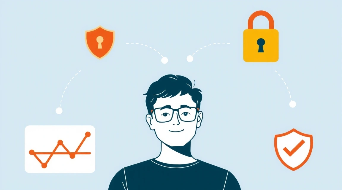 Illustration einer Person, die Datenschutzsymbole wie ein Schloss und einen Schild betrachtet, umgeben von geschützten Daten.