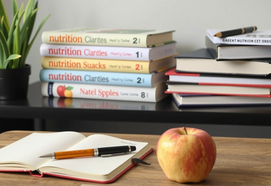 Blick auf einen Schreibtisch mit Ernährungsfachbüchern und einem Notizbuch